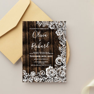 Rustic Wood and White Lace Floral Wedding Invitation