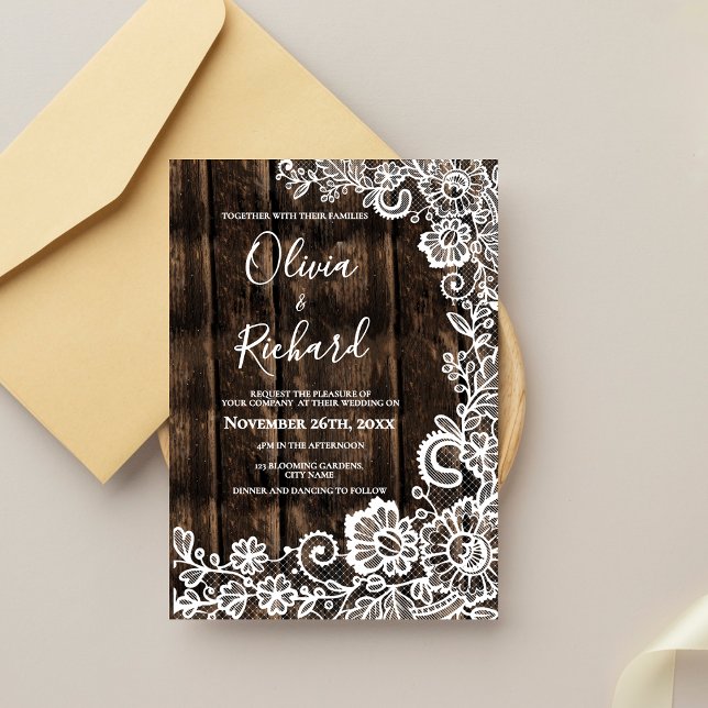 Rustic Wood and White Lace Floral Wedding Invitation (Rustic Wood and White Lace Floral Wedding Invitation)