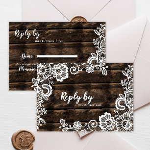 Rustic Wood and White Lace Floral Wedding RSVP Card