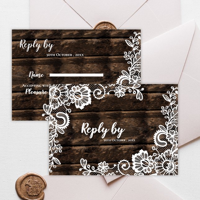 Rustic Wood and White Lace Floral Wedding RSVP Card (Rustic Wood and White Lace Floral Wedding RSVP Card)