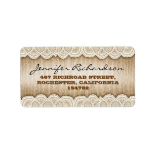 rustic wood and white lace wedding labels
