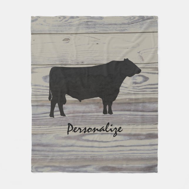 Rustic Wood Angus Bull Watercolor Silhouette Fleece Blanket (Front)