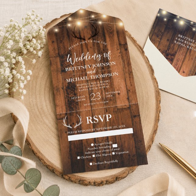 Rustic Wood Antler String Lights Wedding All In On One Invitation (Rustic Wood String Light Wedding invitations are designed with an easy-to-tear-off perforated RSVP)