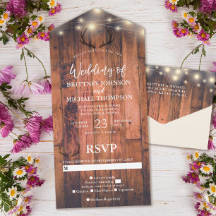 Rustic Wood Antler String Lights Wedding All In One Invitation