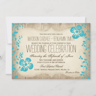Rustic Wood Aqua Beach Flowers Wedding Invites