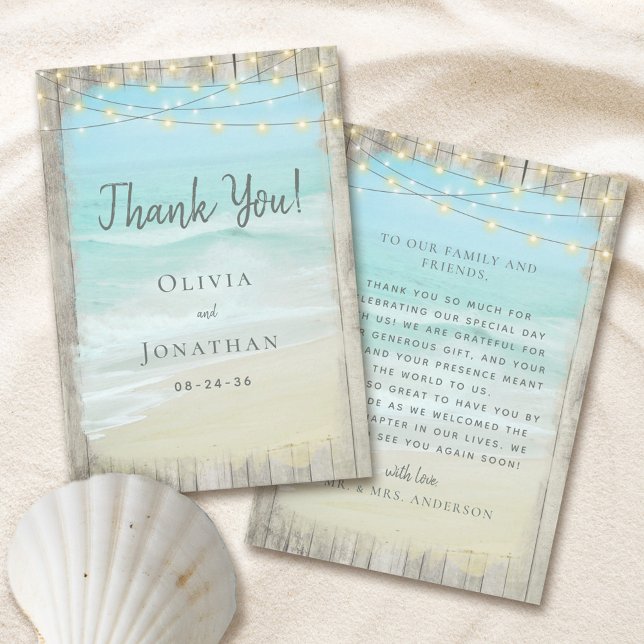Rustic Wood Aqua Blue Beach String Lights Wedding  Thank You Card (Creator Uploaded)