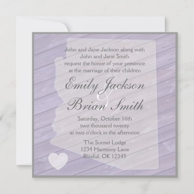 Rustic wood Arizona purple wedding invitations (Front)