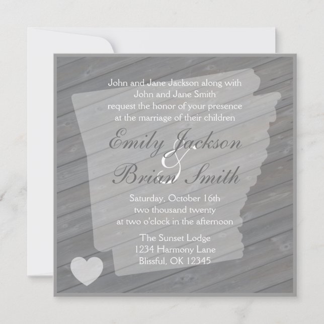 Rustic wood Arkansas grey wedding invitations (Front)