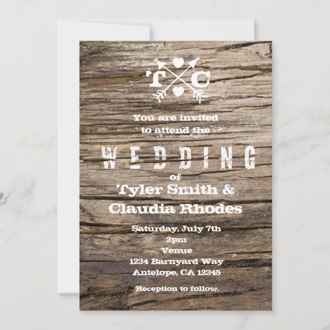 Rustic Wood Arrows & Hearts Wedding Invitation (Front)
