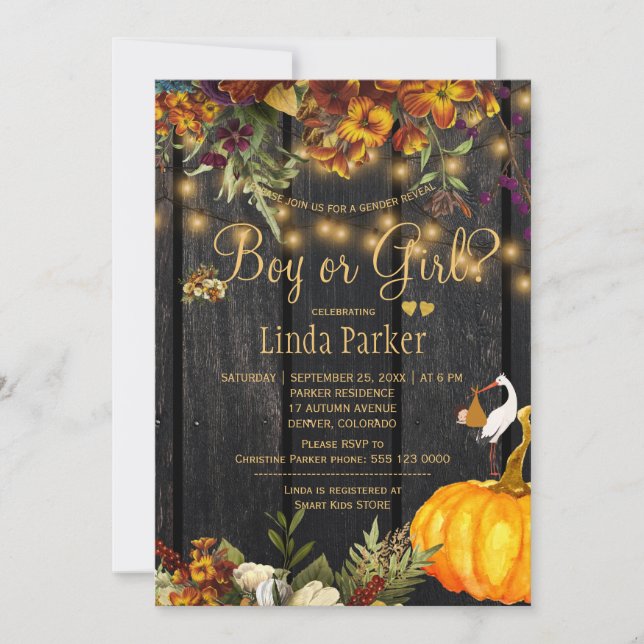 Rustic wood autumn fall baby shower gender reveal invitation (Front)