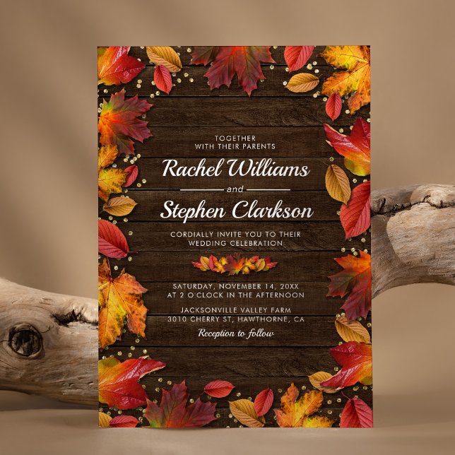 Rustic Wood Autumn Fall Leaves Gold Wedding Invitation (Creator Uploaded)