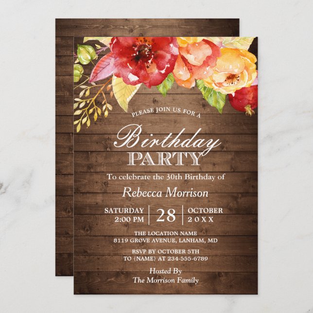 Rustic Wood Autumn Floral Fall Birthday Party Invitation (Front/Back)