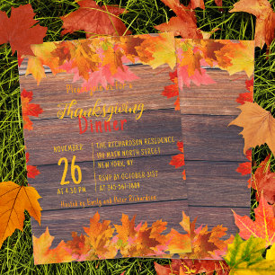Rustic Wood Autumn Foliage Thanksgiving Dinner Invitation