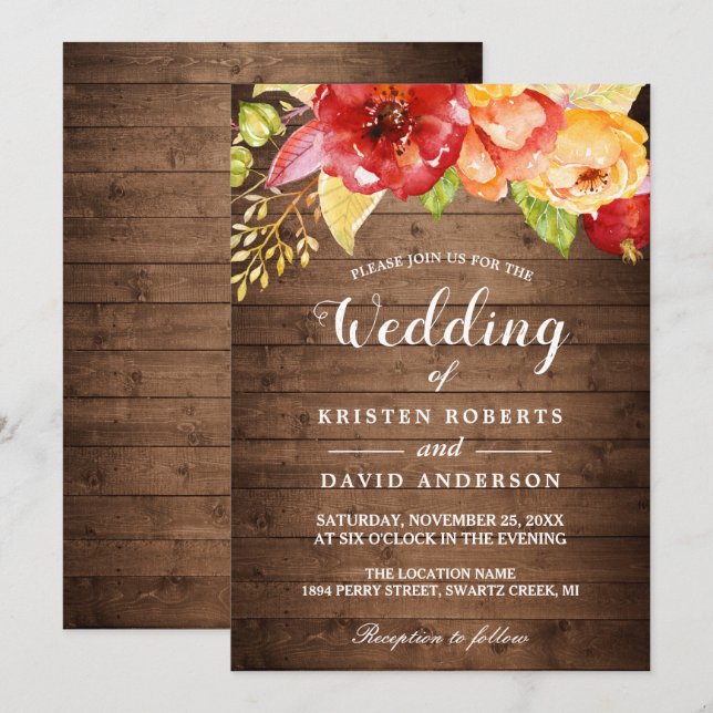 Rustic Wood Autumn Gold Red Floral Fall Wedding Invitation (Front/Back)