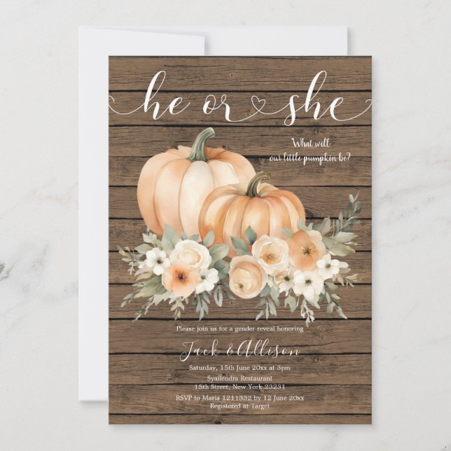 Rustic Wood Autumn He or She Pumpkin Gender Reveal Invitation (Front)