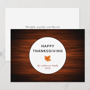 Rustic Wood Autumn Leaf Happy Thanksgiving Holiday Card