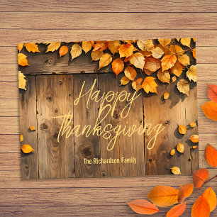 Rustic Wood Autumn Leaves Family Thanksgiving Postcard