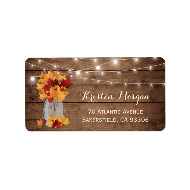 Rustic Wood Autumn Leaves Mason Jar Lights Wedding Label (Front)