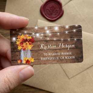 Rustic Wood Autumn Leaves Mason Jar Lights Wedding Label