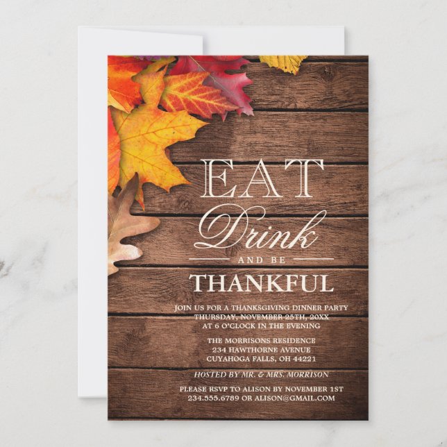 Rustic Wood Autumn Maple Thanksgiving Dinner Party Invitation (Front)