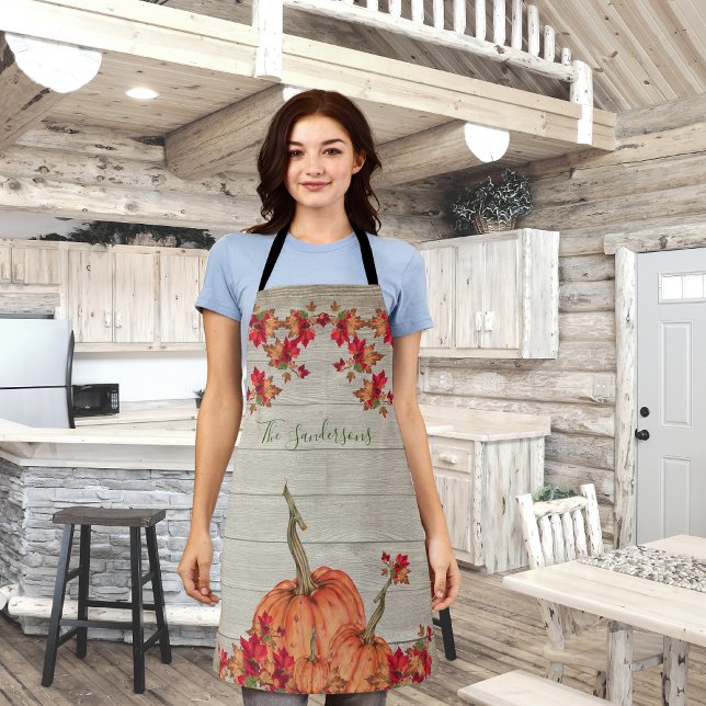 Rustic Wood Autumn Orange Pumpkins Fall Leaves Apron (Creator Uploaded)