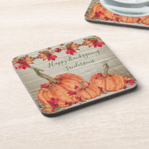 Rustic Wood Autumn Orange Pumpkins Fall Leaves Be Coaster