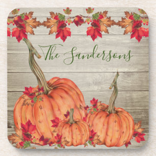 Rustic Wood Autumn Orange Pumpkins Fall Leaves  Coaster