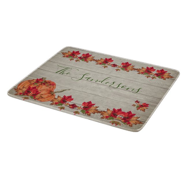 Rustic Wood Autumn Orange Pumpkins Fall Leaves Cut Cutting Board (Corner)