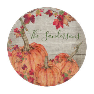 Rustic Wood Autumn Orange Pumpkins Fall Leaves Cutting Board