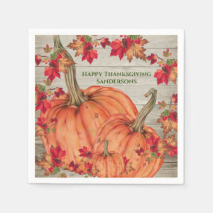 Rustic Wood Autumn Orange Pumpkins Fall Leaves Pa Napkin
