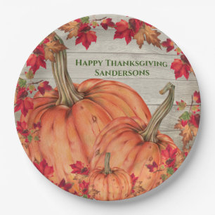 Rustic Wood Autumn Orange Pumpkins Fall Leaves Paper Plate