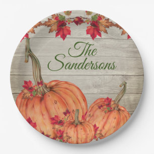 Rustic Wood Autumn Orange Pumpkins Fall Leaves  Paper Plate