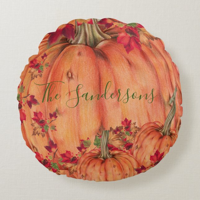 Rustic Wood Autumn Orange Pumpkins Fall Leaves     Round Cushion (Front)
