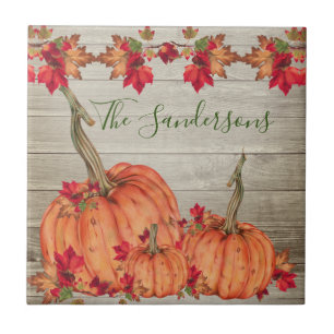 Rustic Wood Autumn Orange Pumpkins Fall Leaves Tile