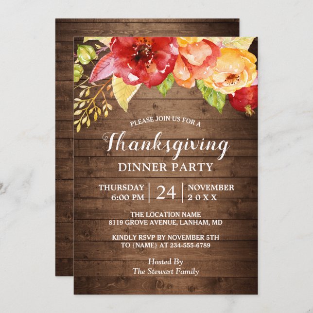 Rustic Wood Autumn Red Floral Thanksgiving Dinner Invitation (Front/Back)
