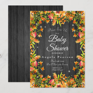 Rustic Wood Autumn Watercolor Floral Sparkles Invitation