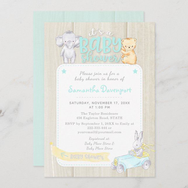 Rustic Wood Baby Animals Shower Invitation | Mint (Front/Back)