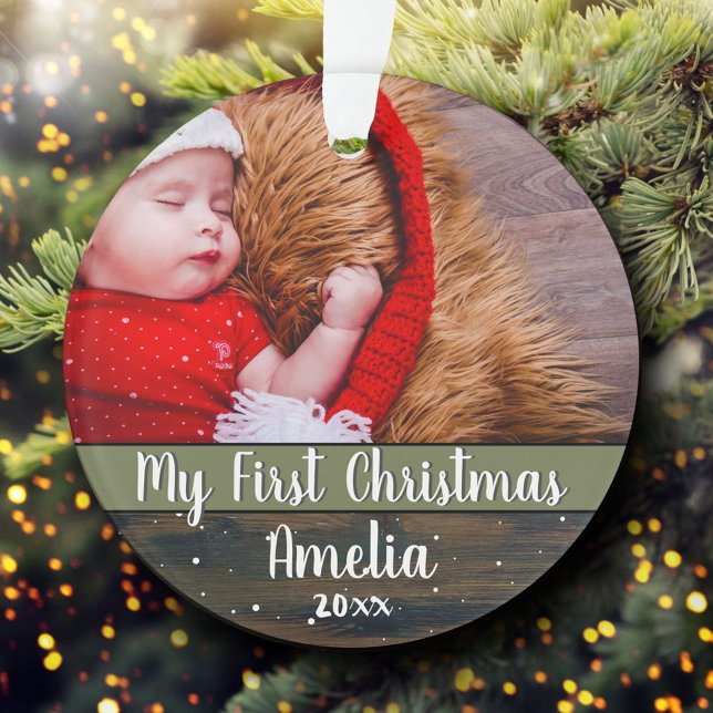 Rustic Wood Baby My First Christmas Photo Ornament (Creator Uploaded)