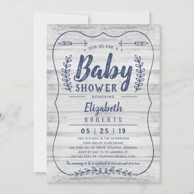Rustic Wood Baby Shower Invitation, Grey Invitation (Front)