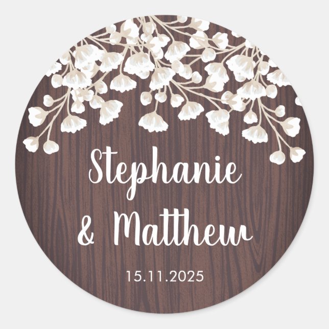 Rustic Wood Babys Breath Gypsophila Wedding Classic Round Sticker (Front)