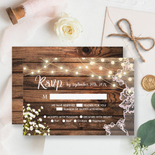 Rustic Wood Baby's Breath & Lace Wedding RSVP Card
