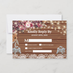 Rustic Wood Baby's Breath String Lights Lace RSVP Card
