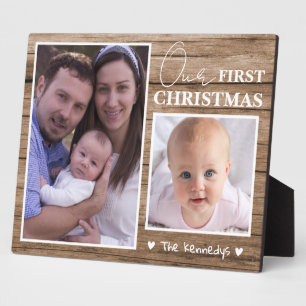 Rustic Wood Baby's First Christmas 2 Photo Collage Plaque
