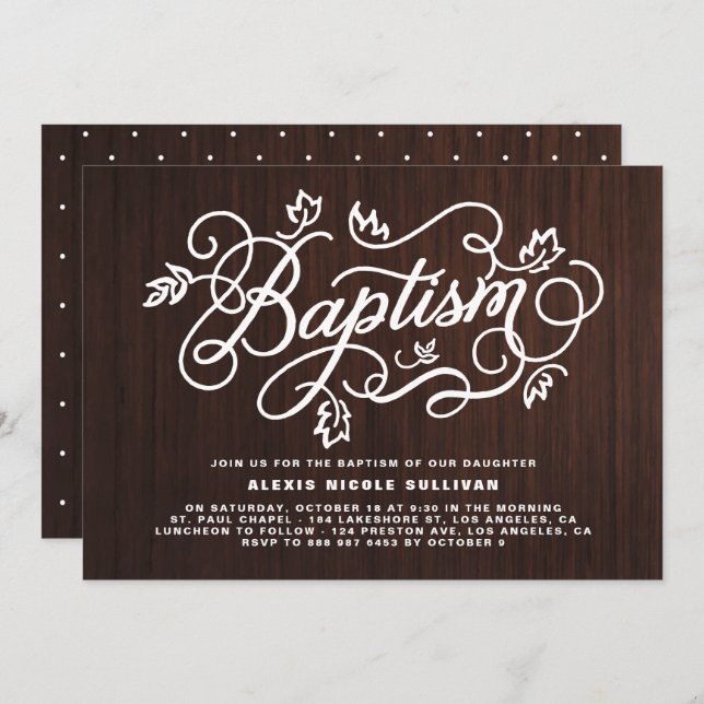 Rustic Wood Background Foliage Lettering Baptism Invitation (Front/Back)