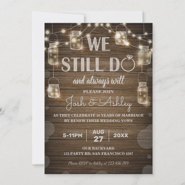 Rustic Wood Background Light Glass Jar Anniversary Invitation (Front)
