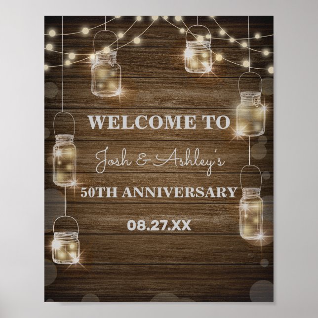 Rustic Wood Background Light Glass Jar Anniversary Poster (Front)