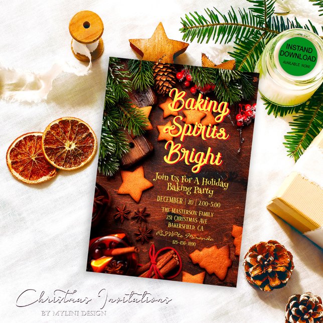 Rustic Wood Baking Spirits Bright Christmas Party Invitation (Creator Uploaded)