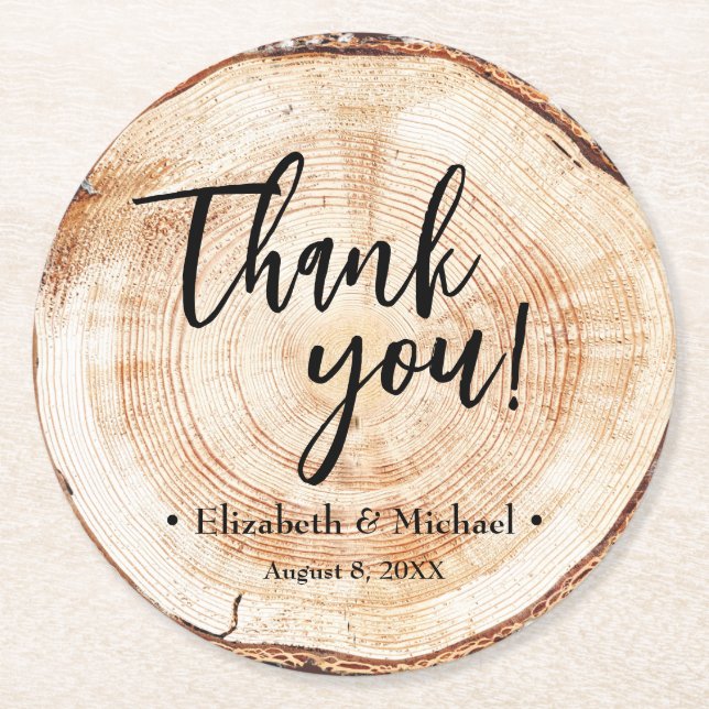 Rustic Wood Bark Disc Thank you Script Wedding  Round Paper Coaster (Front)