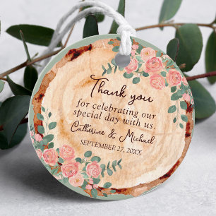 Rustic Wood Bark Rings Watercolor Pink Roses Green Favour Tags