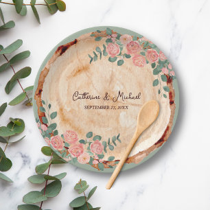 Rustic Wood Bark Rings Watercolor Pink Roses Green Paper Plate
